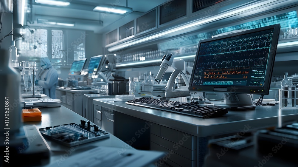 Poster advanced virus research center with state of the art quantum computing technology analyzing complex 