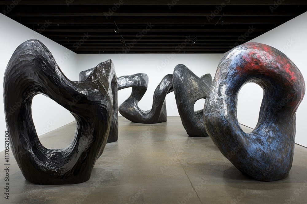 Poster abstract forms sculptural composition in a minimalist gallery setting