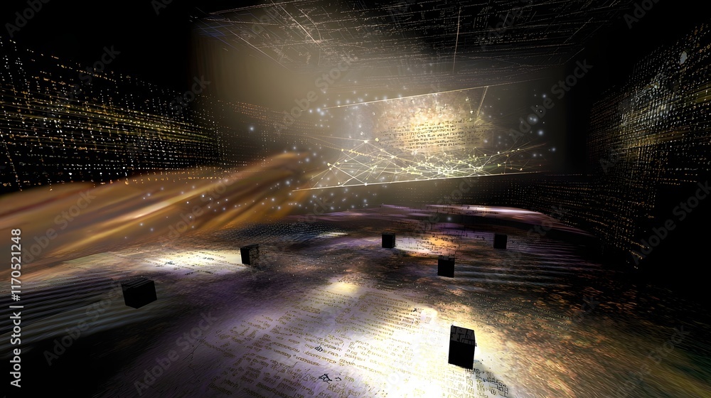 Poster futuristic visualization of quantum computing showcasing the interplay of forces and masses through 