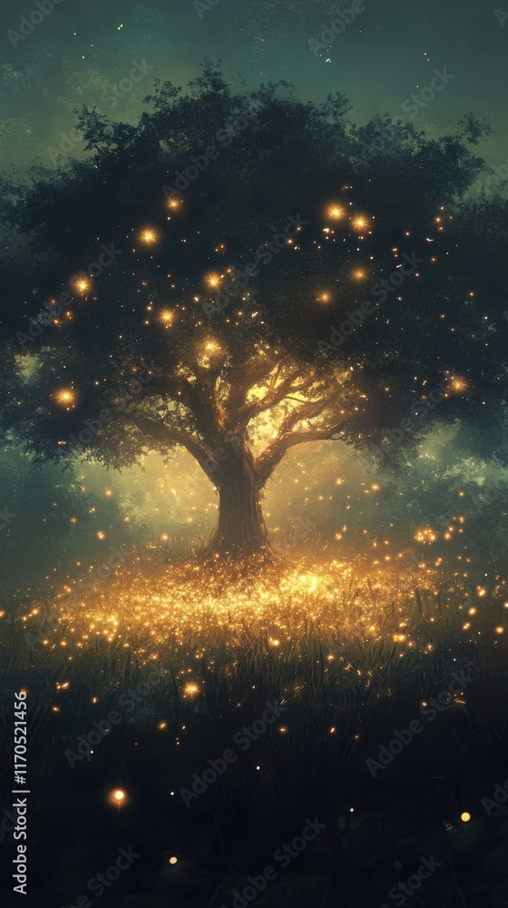 Poster Serene glowing tree surrounded by sparkling lights in a tranquil nighttime setting