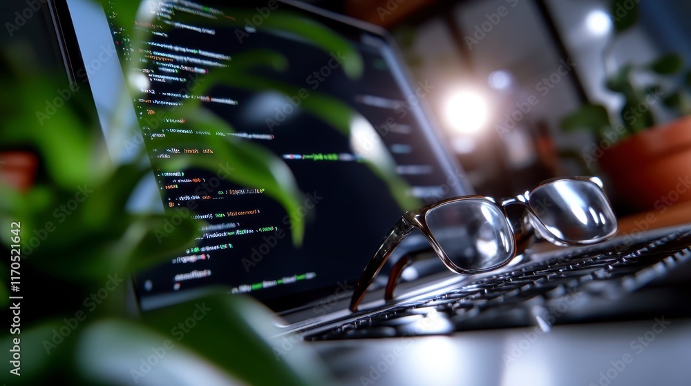 Poster programmer s workspace laptop with code glasses and plants