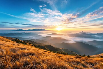 Fototapeta premium Golden grass on a sunlit mountain slope, misty valleys, distant peaks, and vibrant sky with clouds. Concept of nature's beauty and serenity. Ai generative