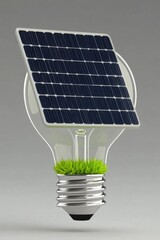 Creative concept of solar energy: a light bulb with a solar panel and grass, symbolizing sustainability and innovation.