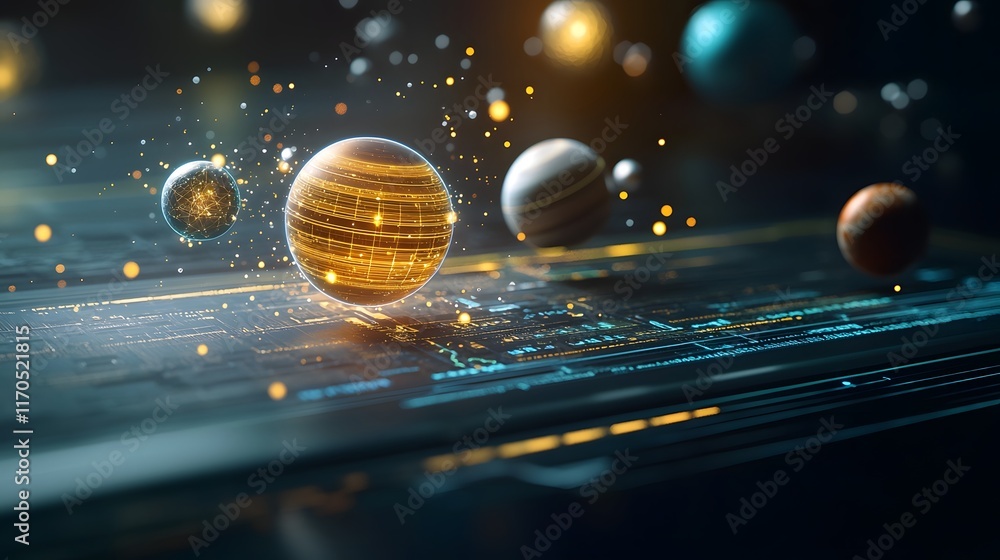 Poster futuristic digital setup showcasing quantum algorithms simulating planetary motion governed by newto