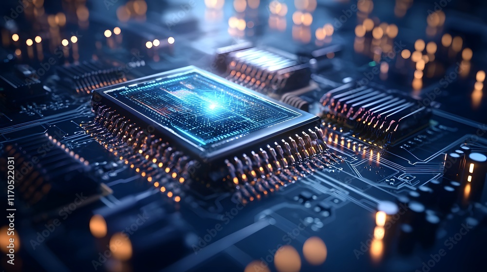 Poster sleek and futuristic quantum computing facility analyzing newton s first law of motion with a hologr