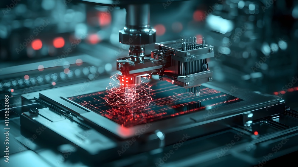 Poster sleek quantum computing facility featuring a holographic model that analyzes newton s first law of m