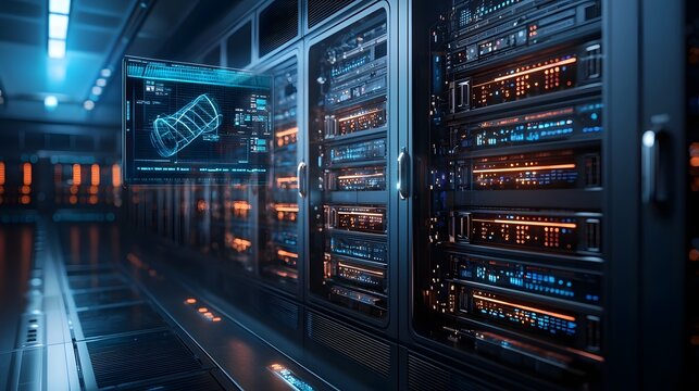 Sleek quantum computing facility analyzing Newton s first law of motion with a detailed holographic model showcasing the principles of inertia and movement paths