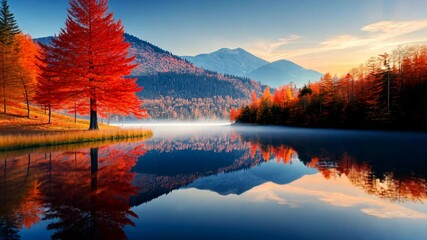 Stunning autumn reflection on a calm lake surrounded by colorful foliage and distant mountains in the early morning light