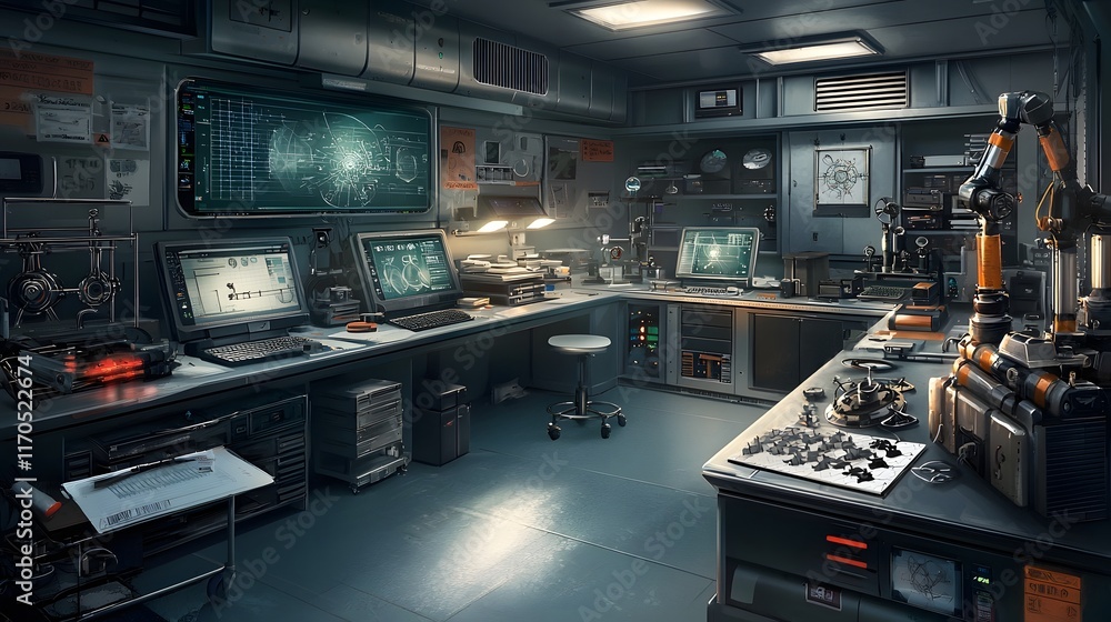 Poster futuristic physics research laboratory where quantum systems calculate forces and motion using newto