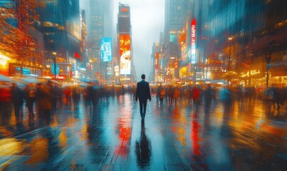Busy evening in a vibrant city with blurred figures and reflections