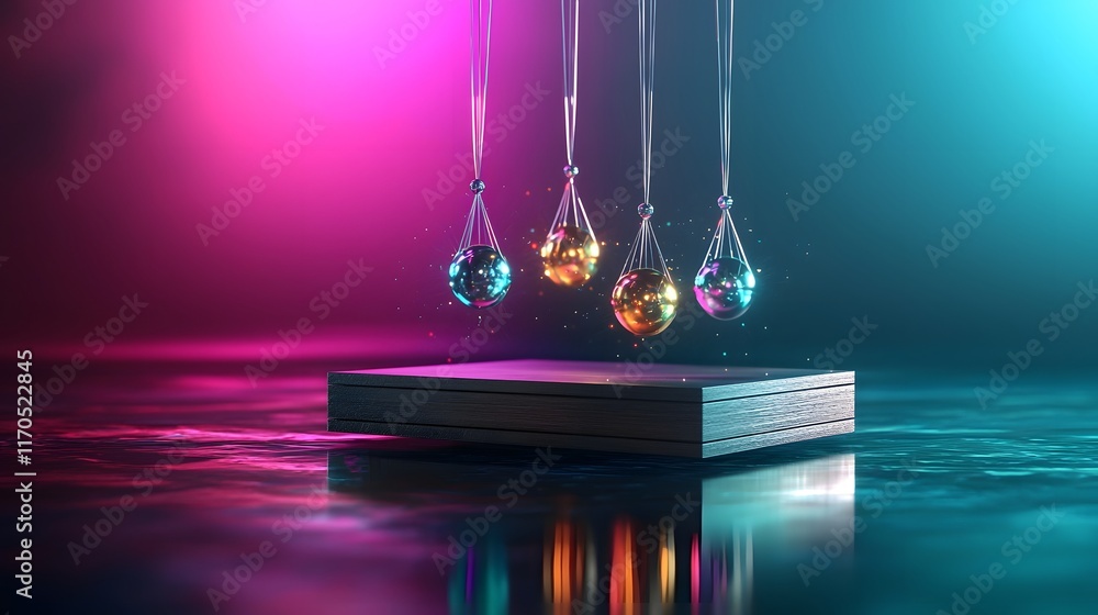 Poster digital visualization of a virtual twin of newton s cradle showcasing the perfect conservation of mo