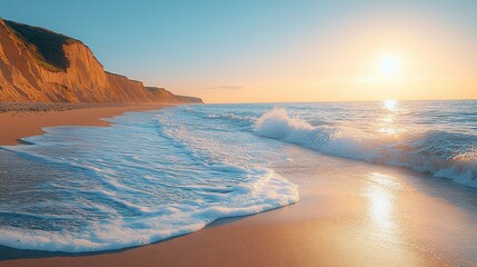 Obraz premium Sandy Beach Sunset Waves Crashing Cliffs