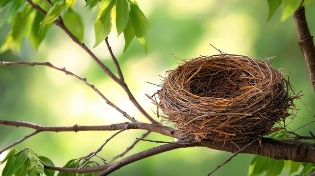 Environmental Engineering Waste Management Ecosystem Concept. A simple, empty bird's nest sits on a tree branch, surrounded by lush green foliage, symbolizing nature and new beginnings.