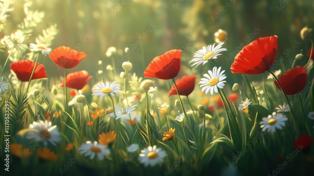 Poster vibrant spring meadow with wildflowers and sunlight filtering through trees