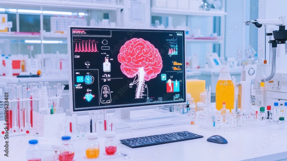 Poster modern laboratory computer screen displaying 3d brain scan neurological research medical technology