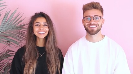 Smiling Couple Posing in Front of Pink Wall