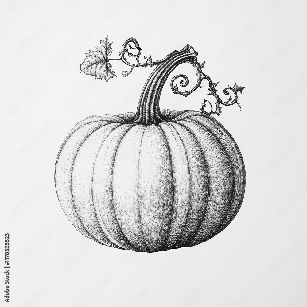 Poster detailed illustration of a pumpkin with a curling vine and leaf in a simple design