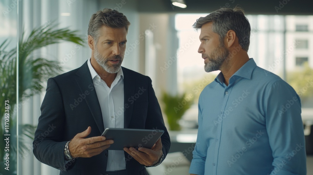 Aufkleber professional discussion between two colleagues in a modern office setting