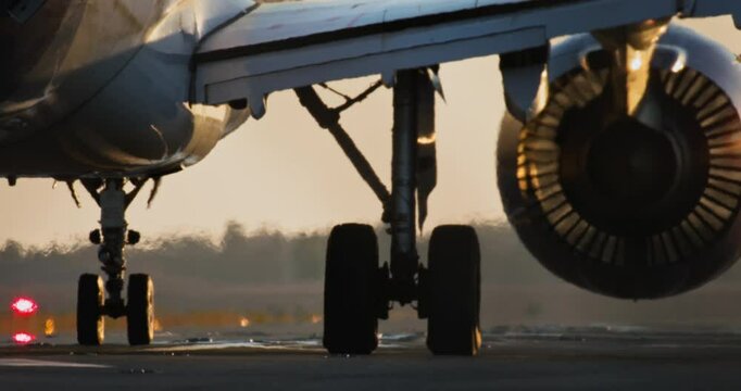 Close-up of airplane wheels and turbines before takeoff at sunset. A passenger plane is preparing for takeoff. High quality 4k footage