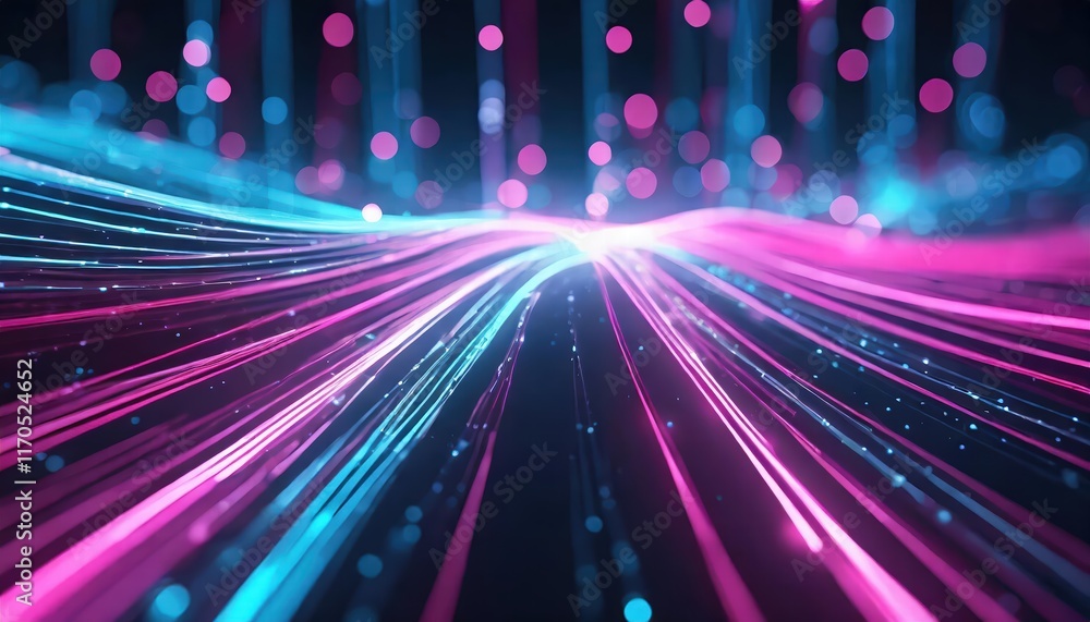 Poster abstract background featuring pink and blue glowing neon lines with bokeh lights a visual representa