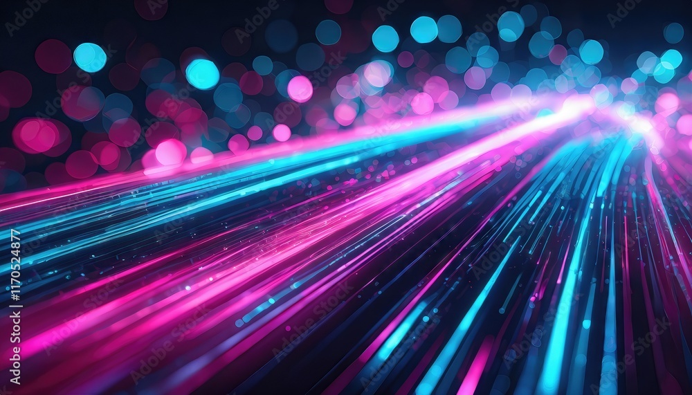 Poster dynamic abstract background featuring pink and blue glowing neon lines with bokeh lights a visual re