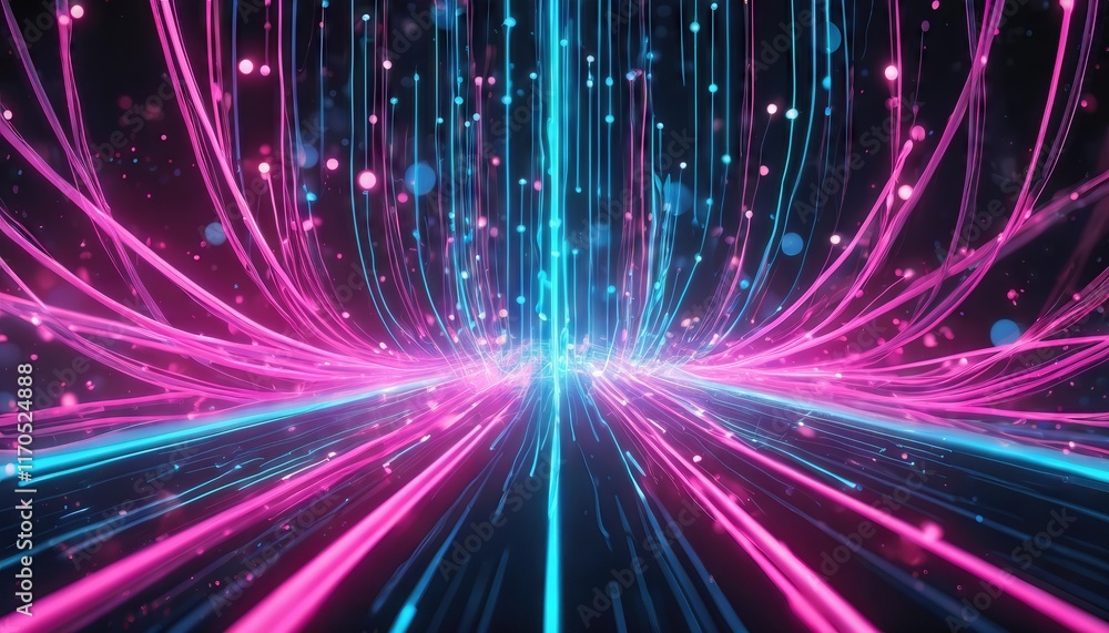 Poster dynamic abstract background featuring pink and blue glowing neon lines with bokeh lights a visual re
