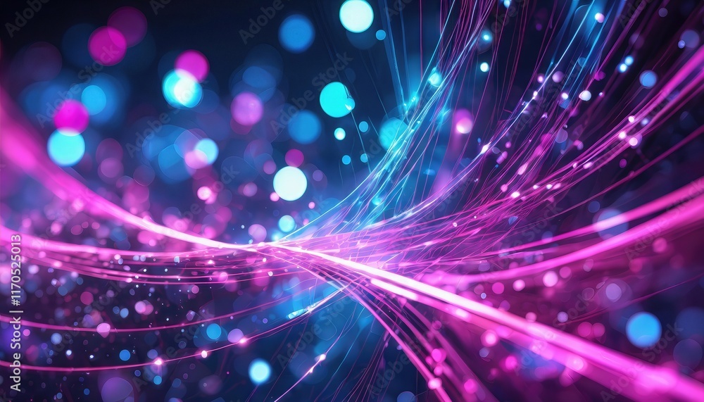 Poster abstract background with pink and blue glowing neon lines and bokeh lights a stunning visual represe