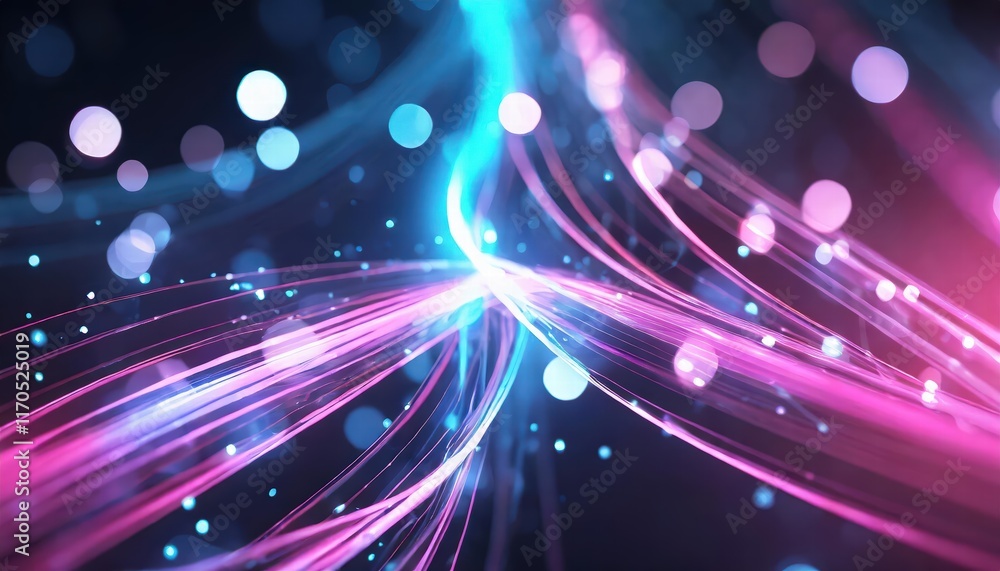 Poster abstract background featuring pink and blue glowing neon lines with bokeh lights a futuristic data t