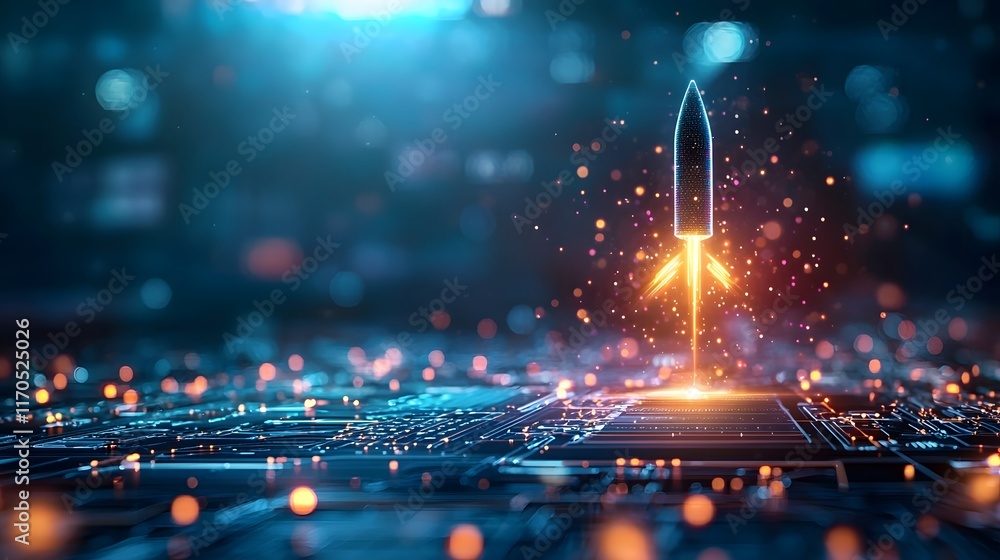 Poster futuristic quantum computing lab simulating projectile motion with glowing holographic parabolic tra