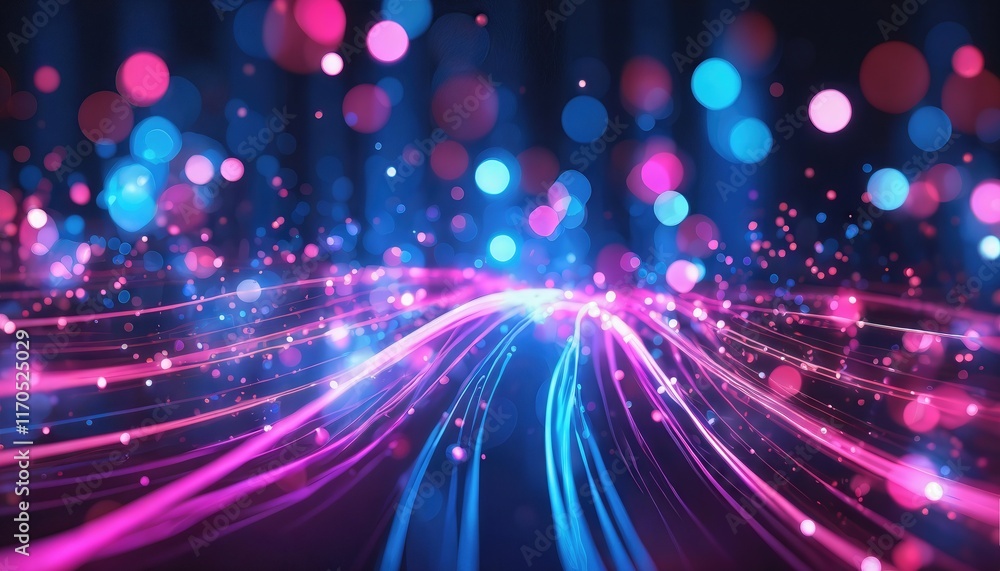 Poster abstract background featuring pink and blue glowing neon lines with bokeh lights a stunning visual r