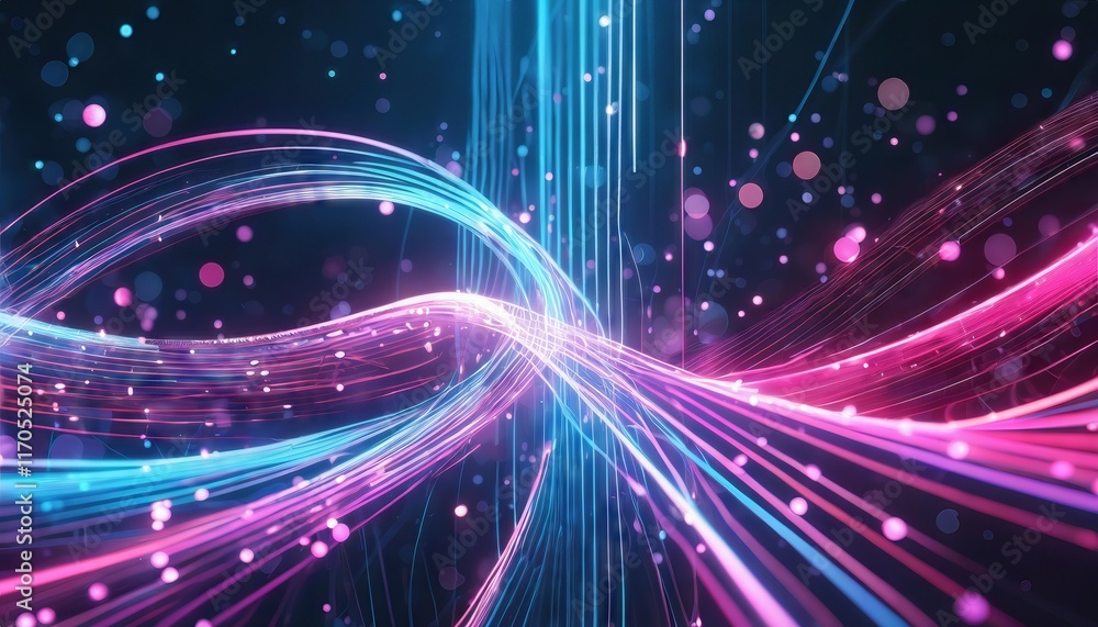 Poster abstract background featuring pink and blue glowing neon lines with bokeh lights a visual representa