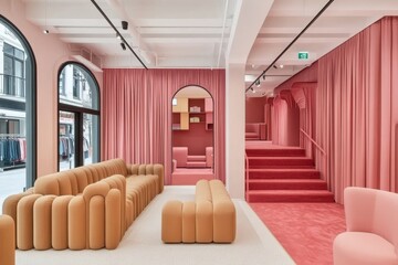 Pink Paradise Curtained Interior, Modular Seating, Architectural Design