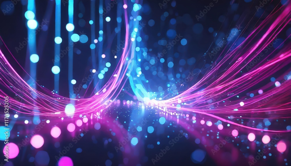 Poster dynamic abstract background featuring pink and blue glowing neon lines with bokeh lights a visual re