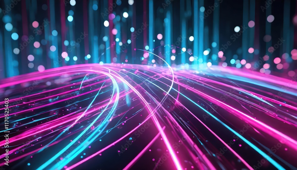 Poster vibrant abstract background featuring pink and blue glowing neon lines with bokeh lights perfect for