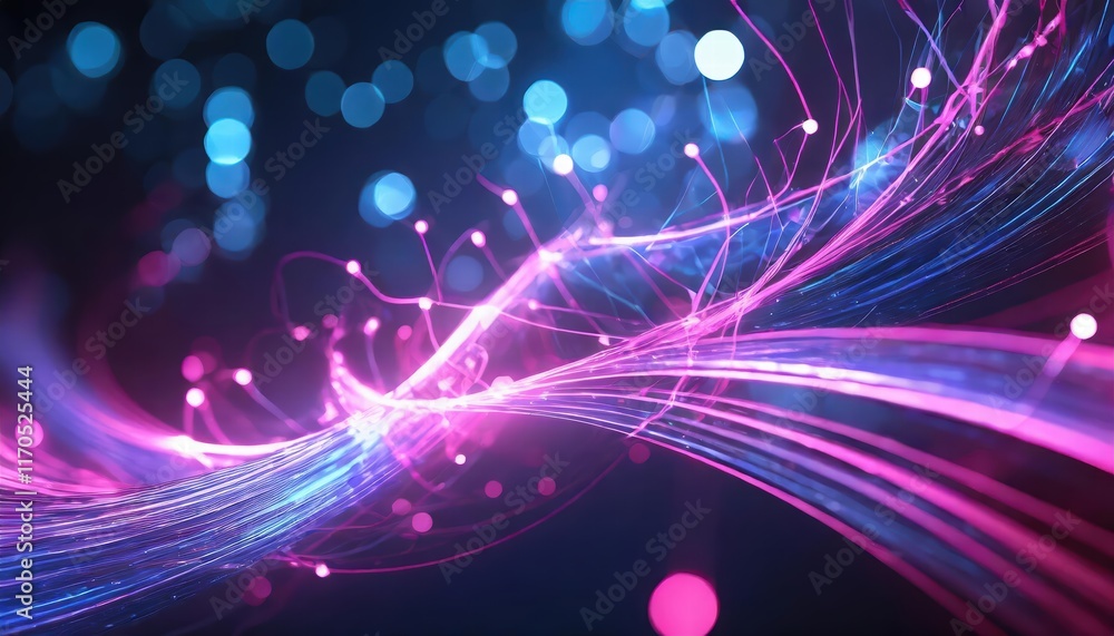Poster abstract background featuring pink and blue glowing neon lines with bokeh lights a futuristic data t