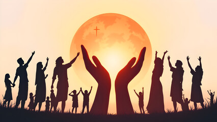 World religion day illustration with group of people holding hands, silhouette, religious symbols, text, hindu, muslim, Christian.