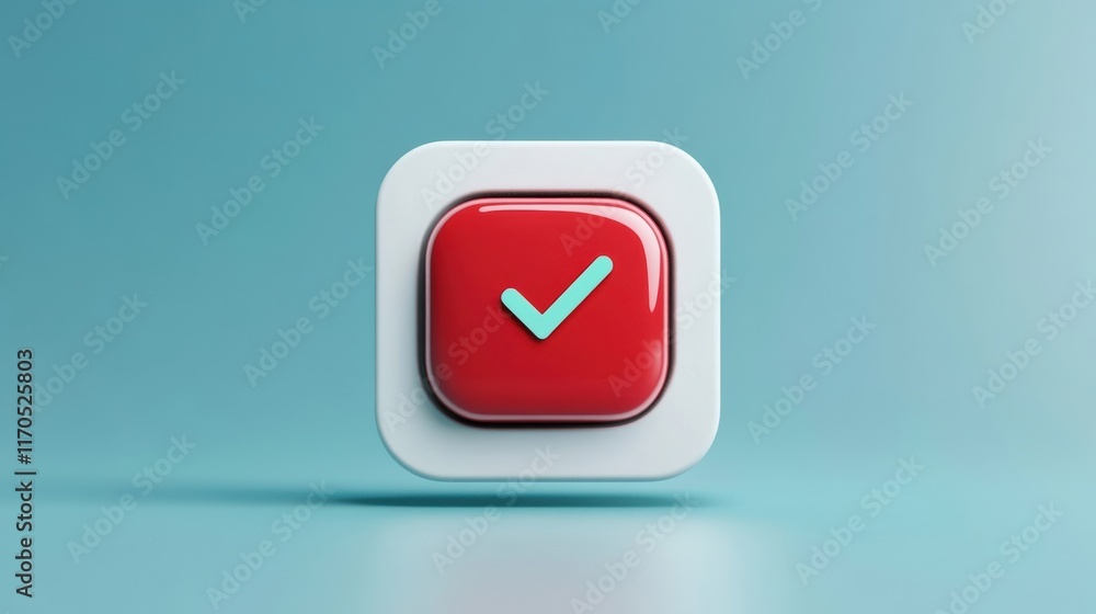 Poster a modern red button with a teal checkmark on a gradient background, symbolizing approval or confirma