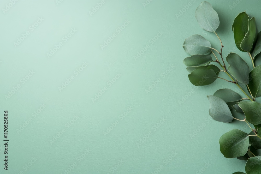 Fototapete a single linden tree branch with vibrant green leaves is set against a light pastel blue background,