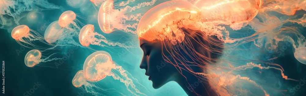Aufkleber Mystical profile of a man intertwined with glowing jellyfish in an underwater world