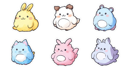 Fototapeta premium Adorable watercolor baby animals various colors and sizes, featuring cute and fluffy design. These charming creatures include yellow bunny, brown and white dog, blue bear, blue fox, pink rabbit