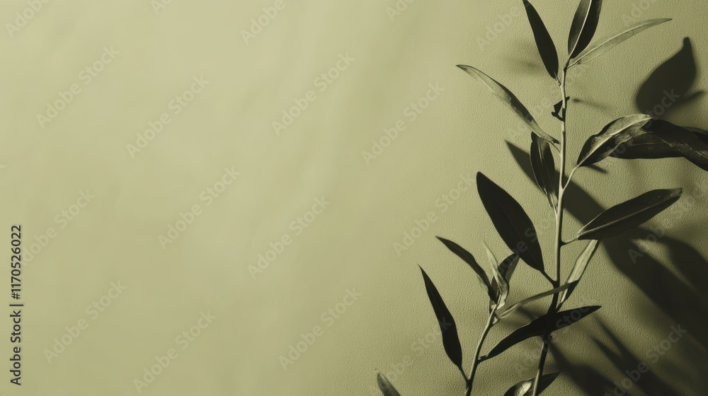 Poster soft shadows of a leafy branch against a muted olive backdrop create a serene atmosphere in a natura