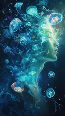 Mystical profile of a man surrounded by luminous jellyfish in an ethereal underwater world