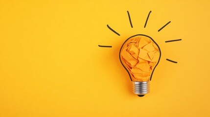 Creative concept of an orange light bulb on a bright yellow background, symbolizing ideas and innovation.