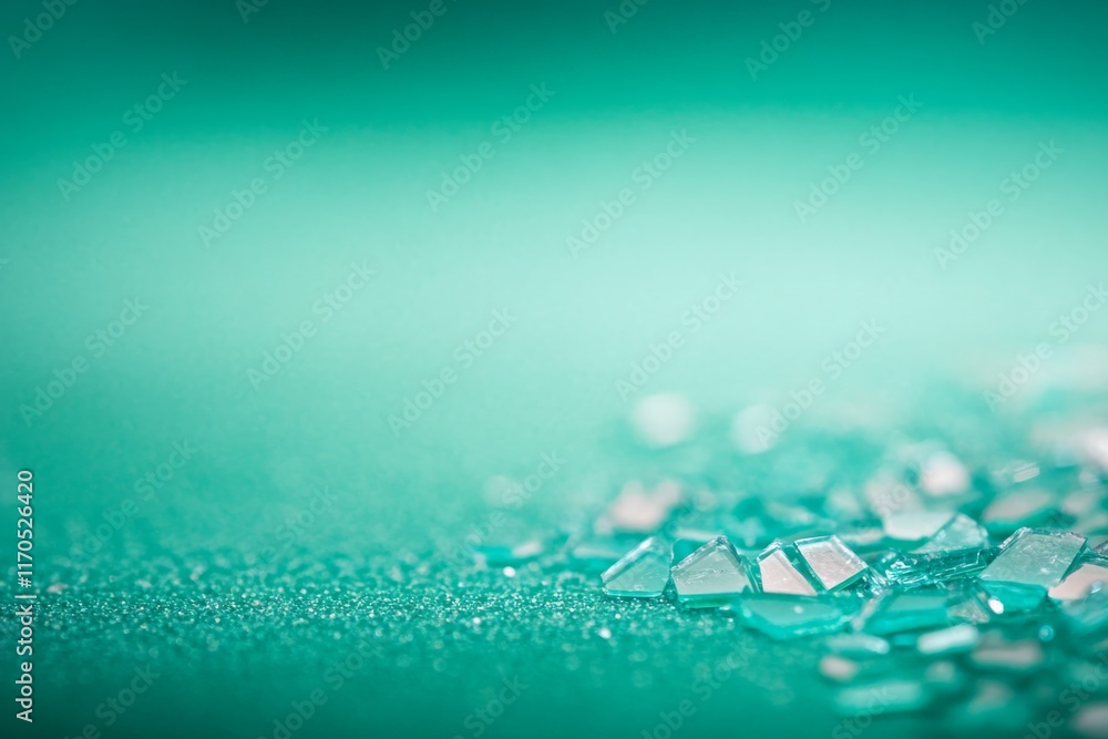 Aufkleber Close-up view of scattered glass shards creates a stunning abstract pattern, reflecting light and showcasing sharp edges against a soft gradient background