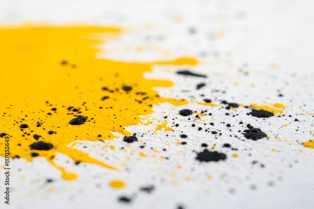 Poster close-up view features vibrant yellow and black paint splashes on textured white canvas, delivering 