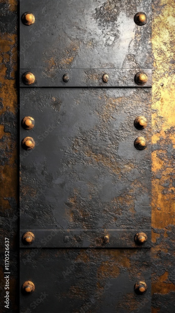 Poster Metallic backdrop featuring deep gray surface with rusty textures and rivets enhances industrial aesthetics
