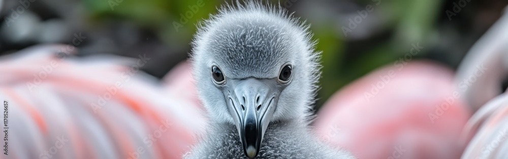 Poster close-up of a flamingo chick showcasing its delicate features in a natural habitat during early morn