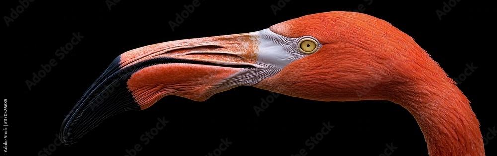 Poster Detailed macro capture of a flamingo's striking face showcasing vibrant colors and distinctive features