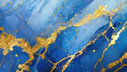 Obraz premium Abstract Blue Marble Texture with Gold Splashes A Luxurious Background for Elegant Designs and Creative Projects, Perfect for Invitations, Wallpapers, and Digital Art.