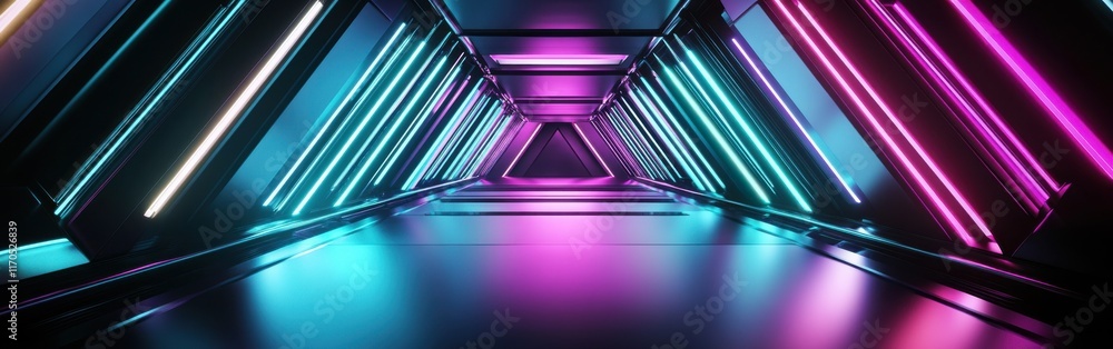 Poster Luminous geometric background showcasing vibrant neon lights in a dynamic tunnel-like structure